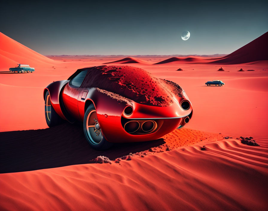 Red retro-futuristic car half-buried in desert sand landscape