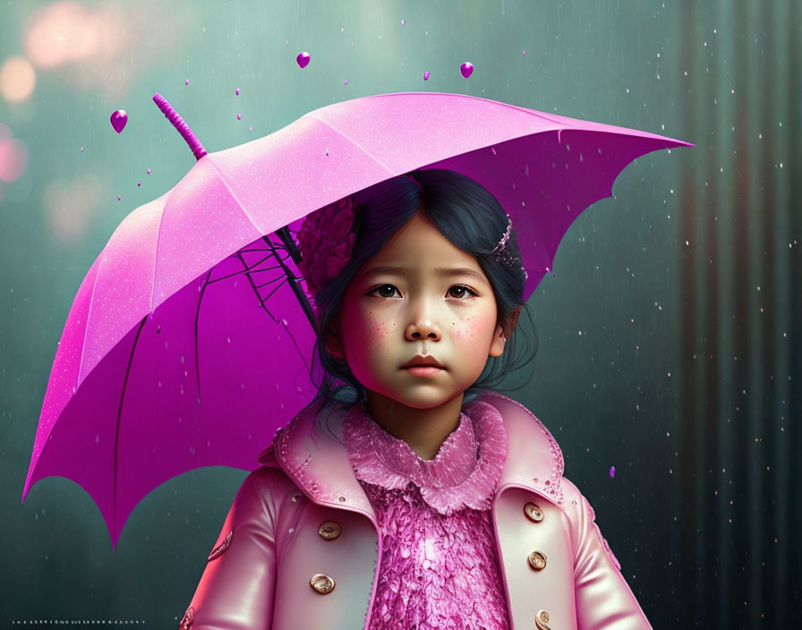 Serious young girl with pink umbrella in heart-shaped rainstorm
