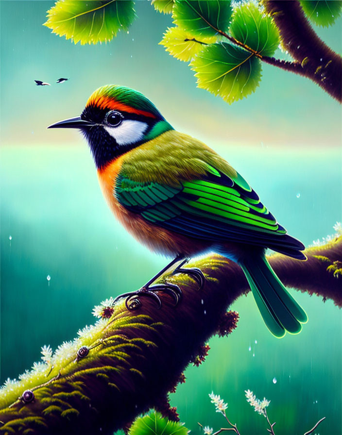 Colorful Bird Perched on Mossy Branch in Dreamlike Forest