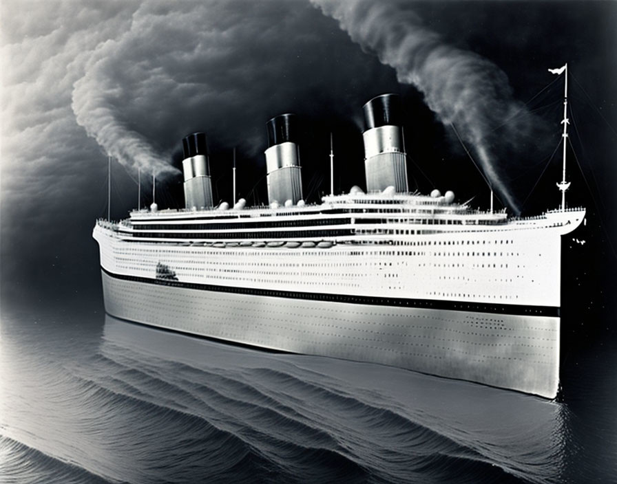 Vintage ocean liner with four smokestacks sailing in monochrome.