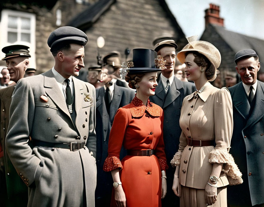 Colorized 1940s photo of stylish group in military and elegant attire conversing