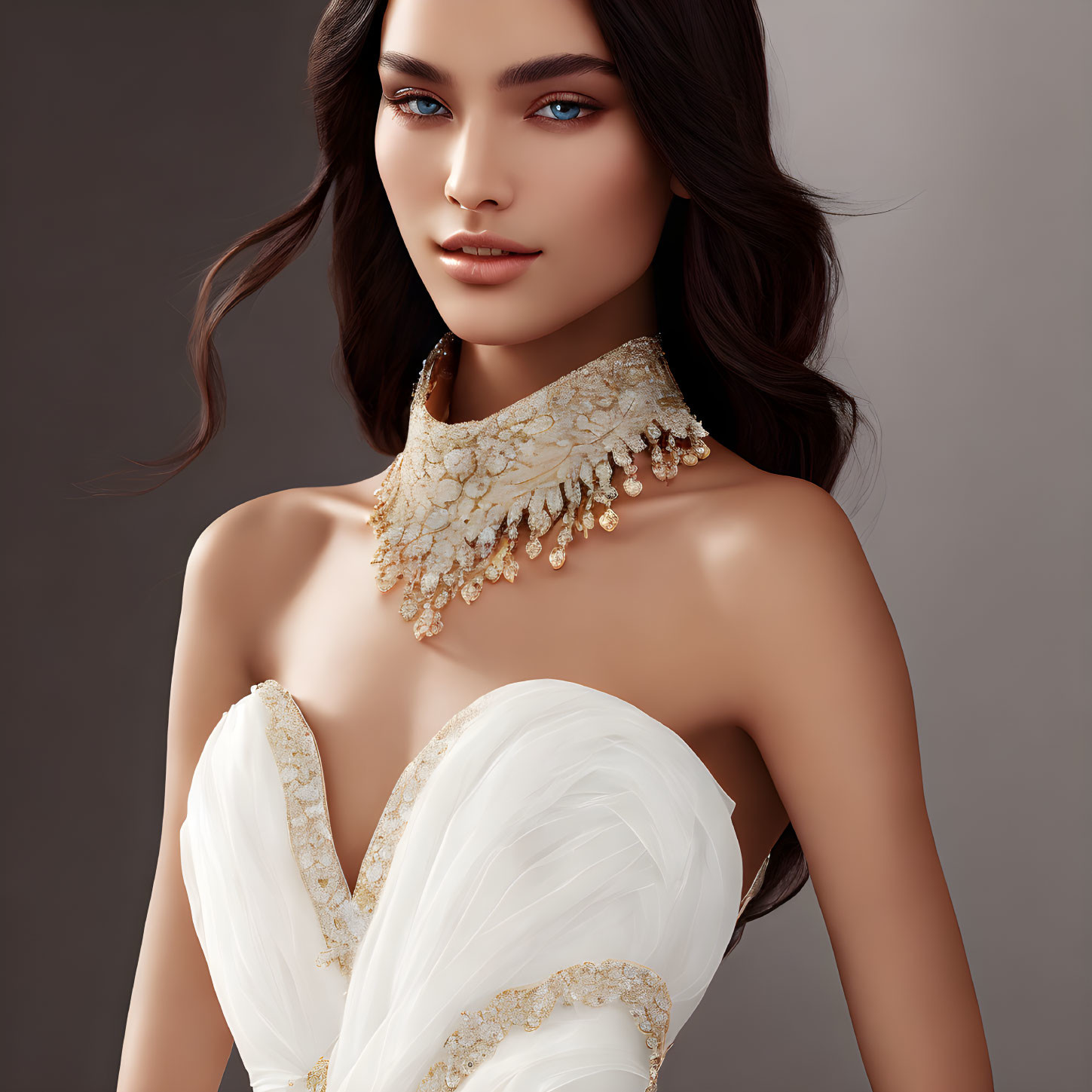 Portrait of woman with blue eyes in white gown & gold necklace