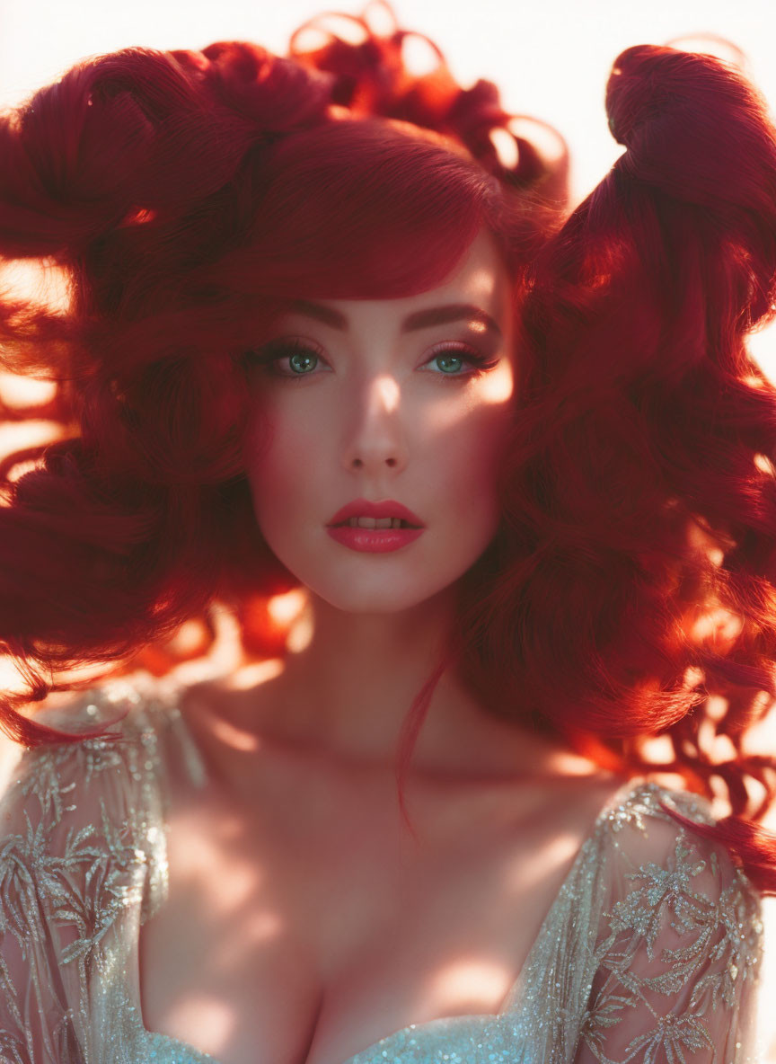 Voluminous red hair in elaborate updo, striking makeup, plunging neckline dress