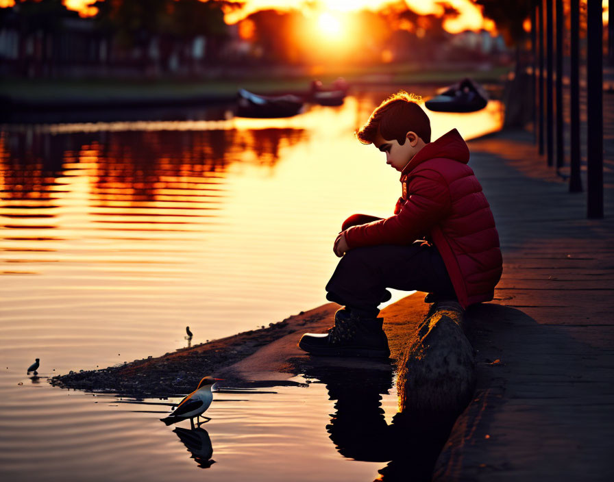 Child in red jacket by tranquil waterway at sunset with bird and boats in background