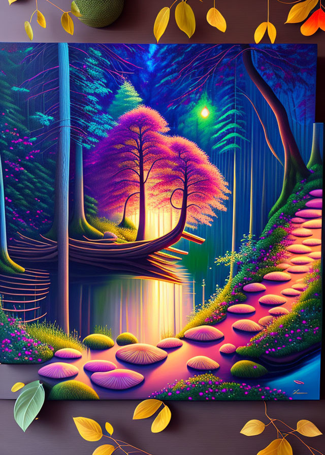 Digital Art: Vibrant Magical Forest with Glowing Tree & Serene River