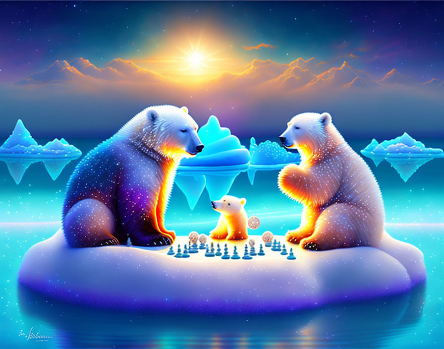 Fluffy polar bears playing chess on an ice floe