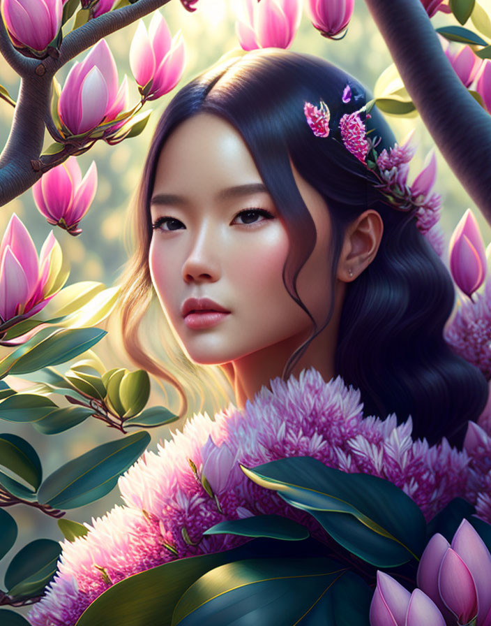 Beautiful girl among flowering magnolia trees