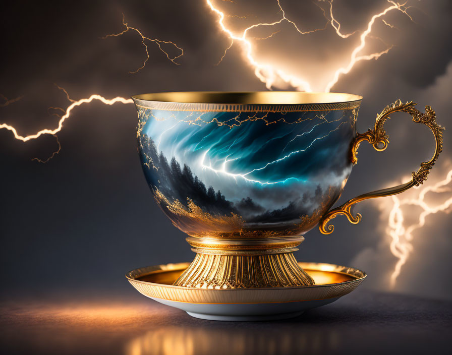 Golden cup with storm and lightning imagery on lightning bolts backdrop