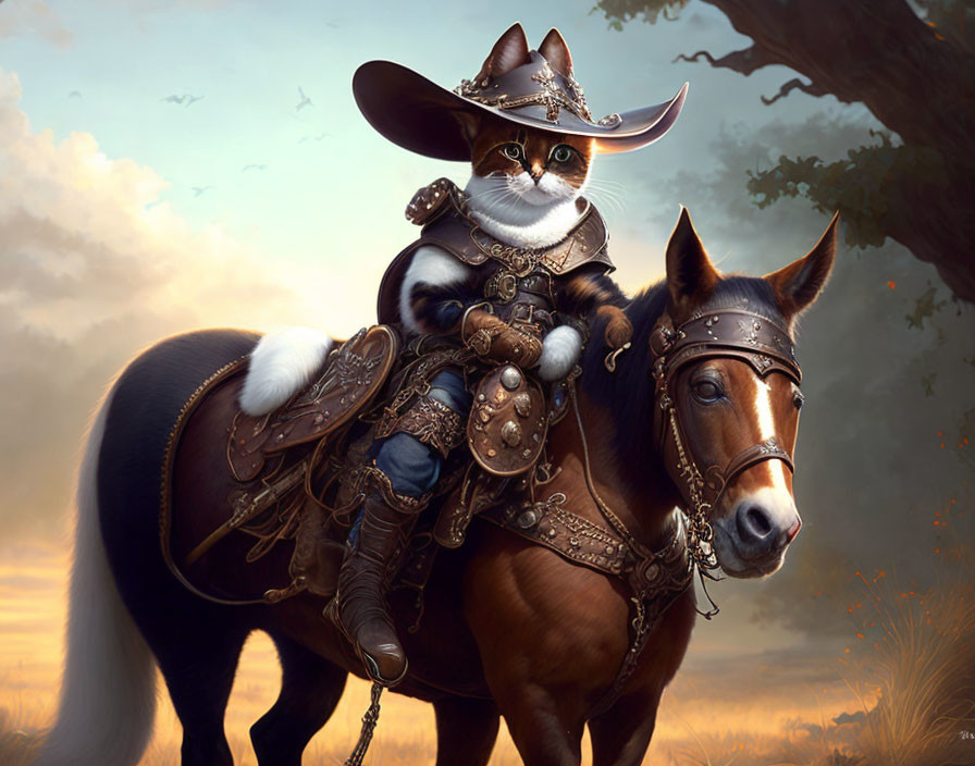 Detailed Cowboy Attire: Anthropomorphic Cat Riding Brown Horse