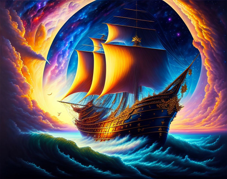 Colorful fantasy painting: galleon on turbulent waves under cosmic sky