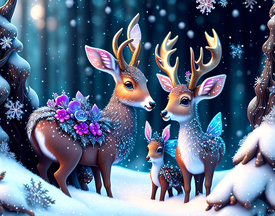 Whimsical deer with glowing antlers in snowy forest under starlit sky