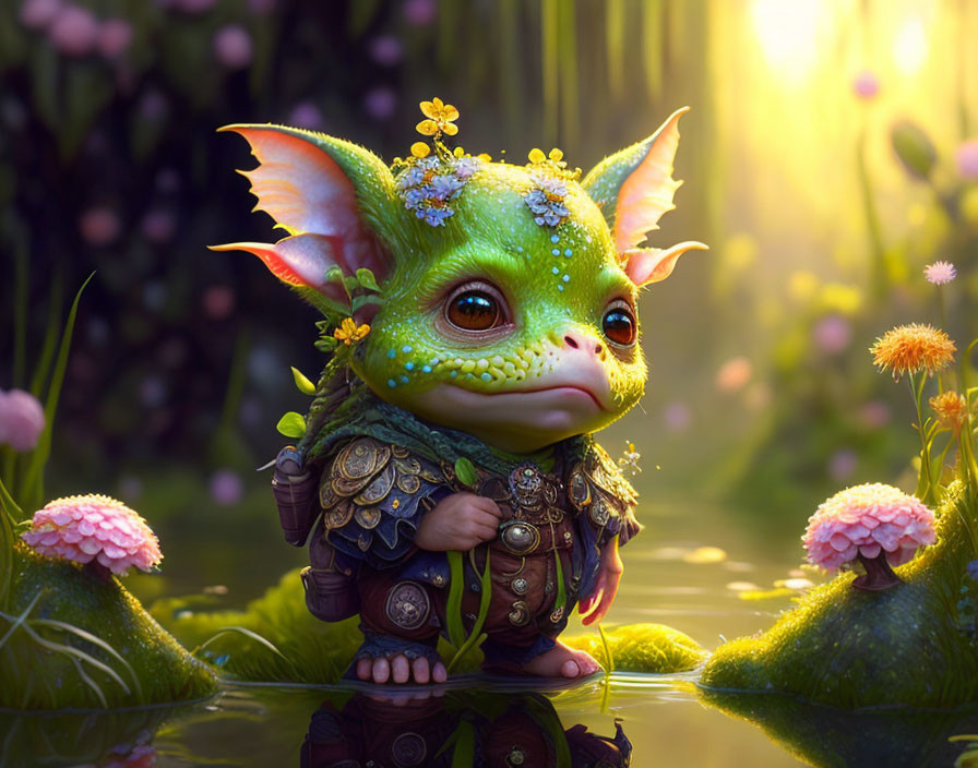 Whimsical fantasy creature with large eyes and ears in lush greenery