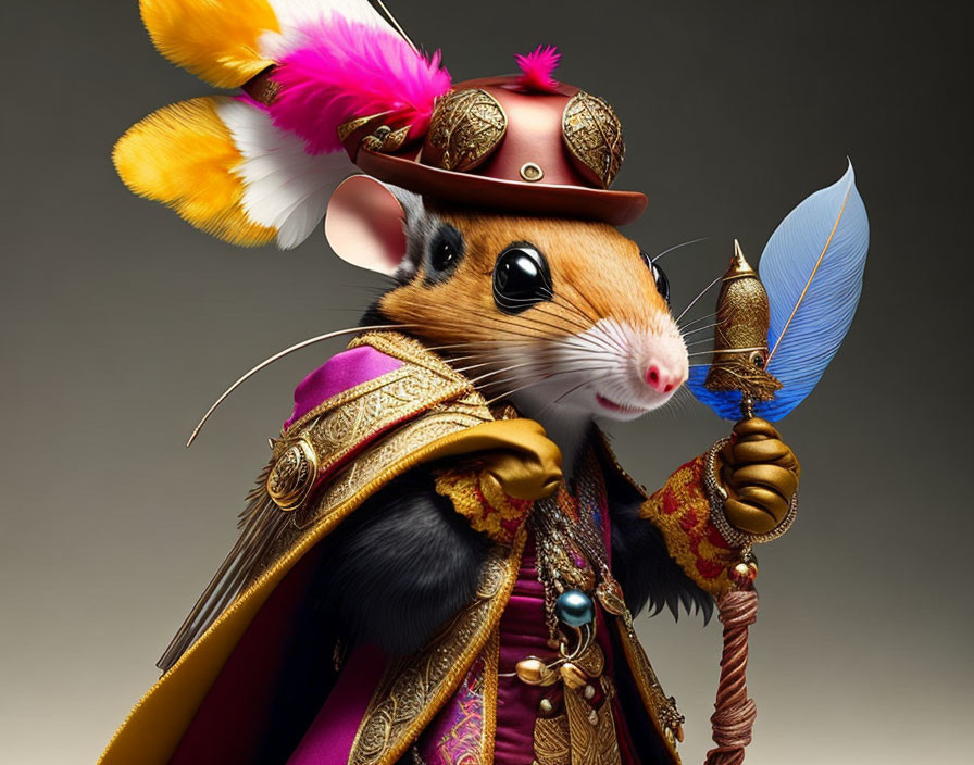 Anthropomorphic Mouse in Noble Warrior Attire with Spear and Feathered Helmet