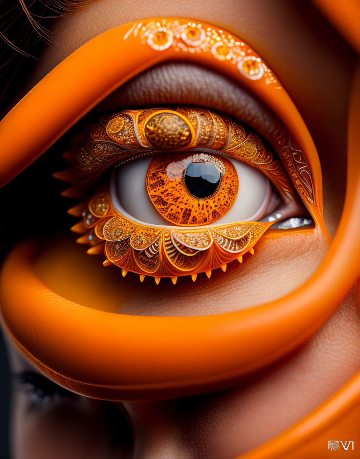 Detailed Close-Up of Eye with Orange and Gold Henna Designs