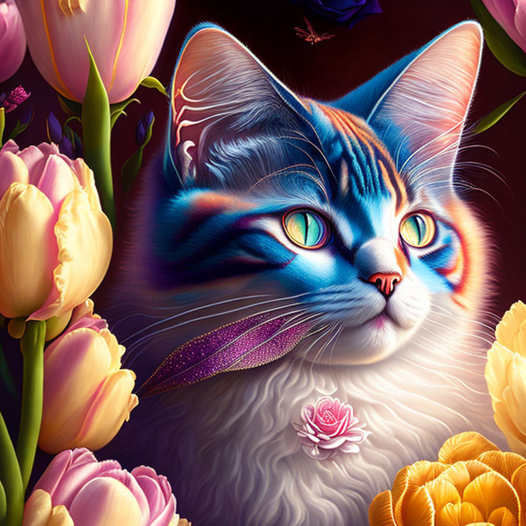 Colorful digital artwork: Multicolored cat with blue eyes among pink and yellow tulips