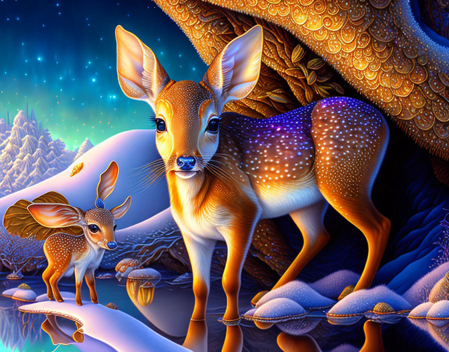 Vibrant Stylized Deer Artwork Against Starlit Background