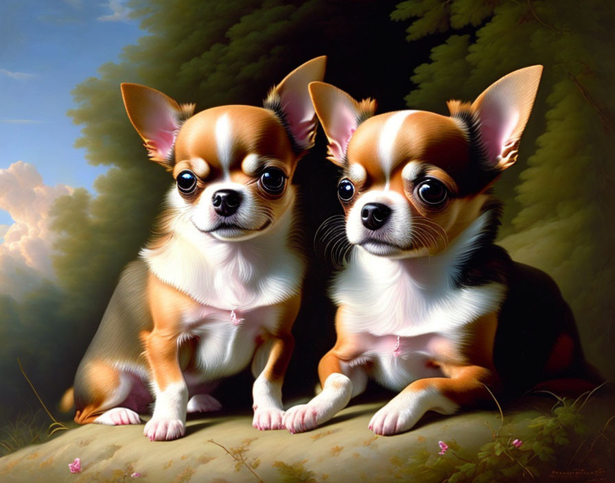 Two Chihuahua Puppies Sitting Outdoors with Large Eyes