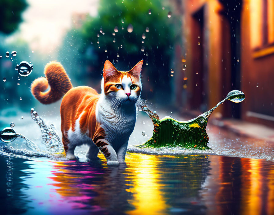 Orange and white cat in colorful puddle with splashing water and floating bubbles