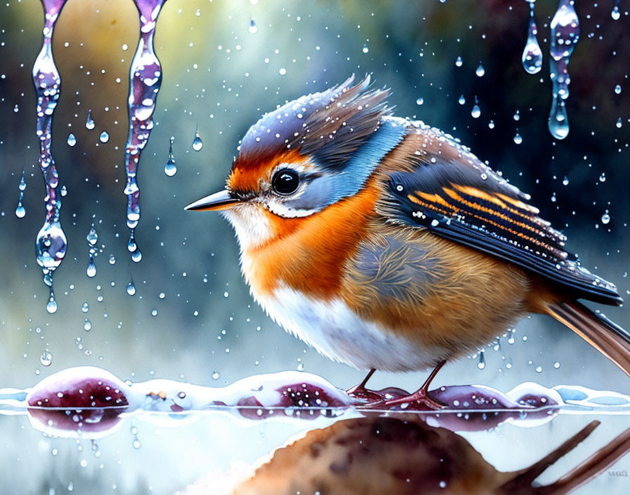 Cute baby robin taking a bath in the rain 