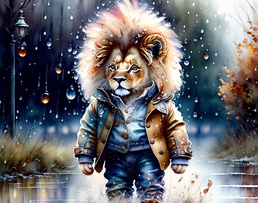 Llittle lion walking in the rain