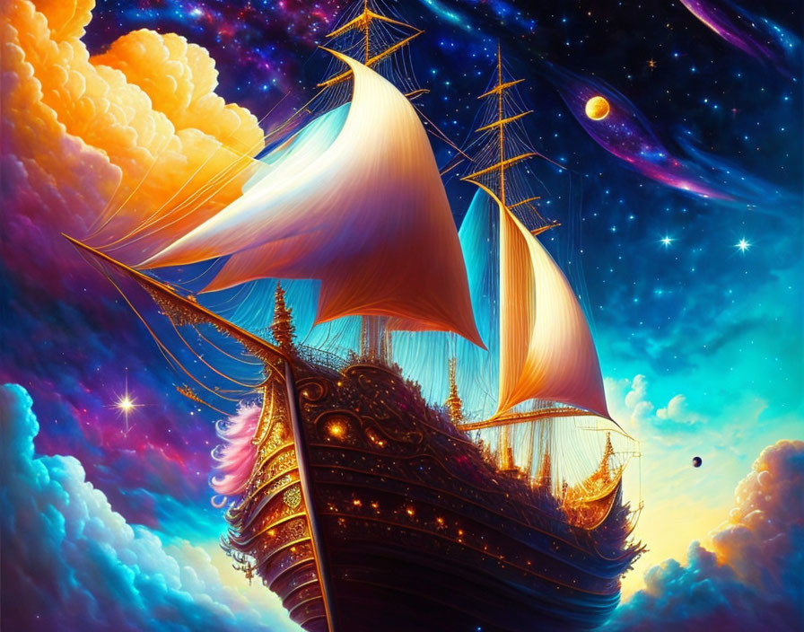 Colorful surreal artwork: Grand sailing ship in cosmic sky