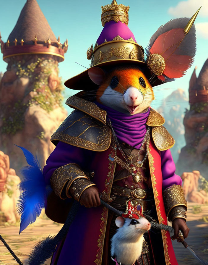 Regal Guinea Pig in Purple Cloak with Sword and Mouse on Fantasy Landscape