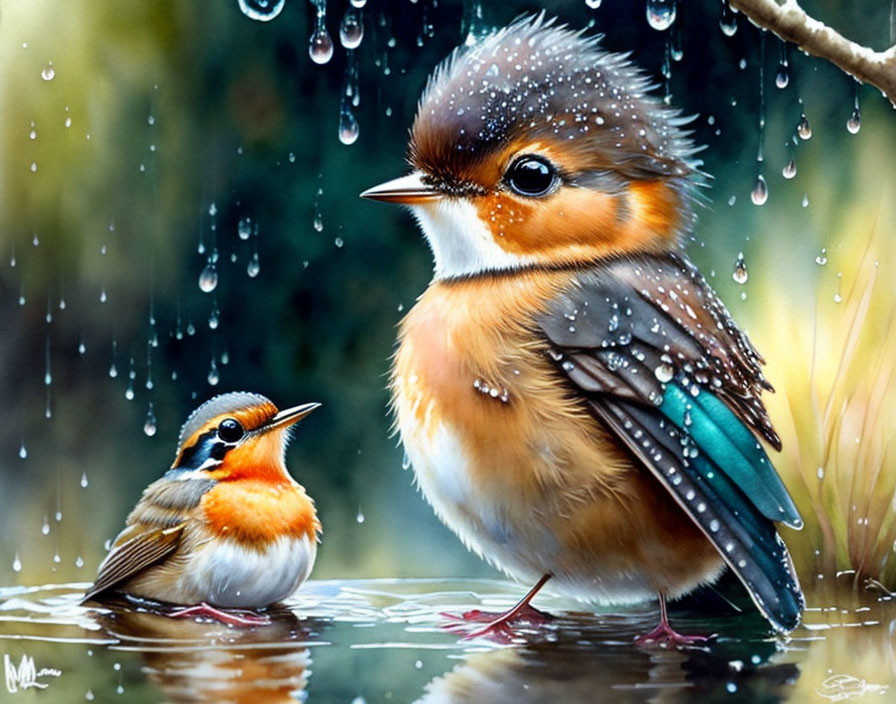 Cute robins taking a bath in the rain