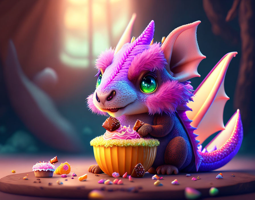 Cartoonish purple dragon holding cupcake in whimsical setting