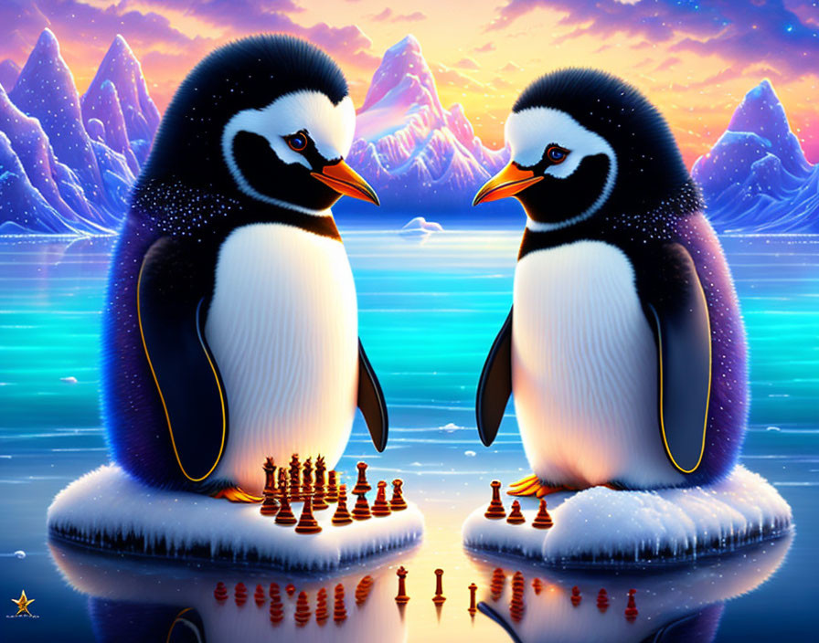 Penguins playing chess on an ice floe