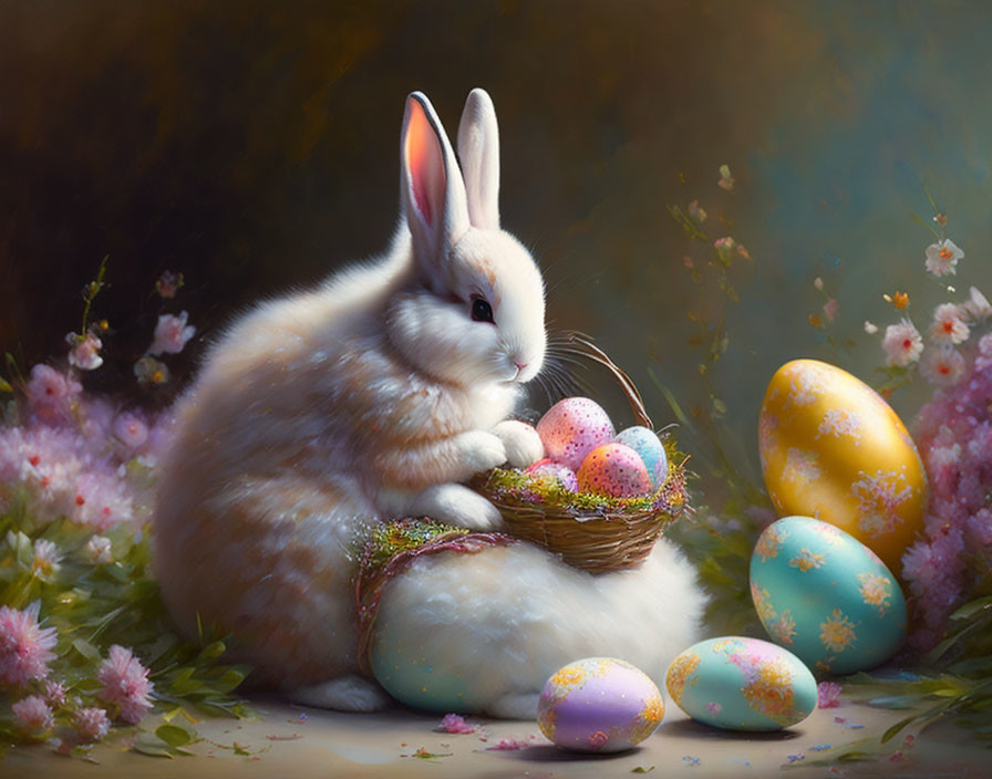 Cute fluffy easter bunny with easter eggs