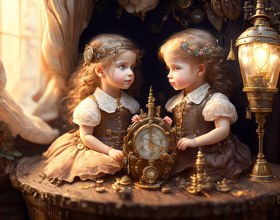 Vintage-dressed children with ornate clock and lantern on wooden table