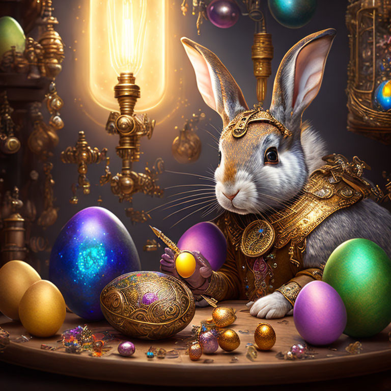 Majestic rabbit in ornate armor on vibrant egg surrounded by colorful eggs and glowing light bulb