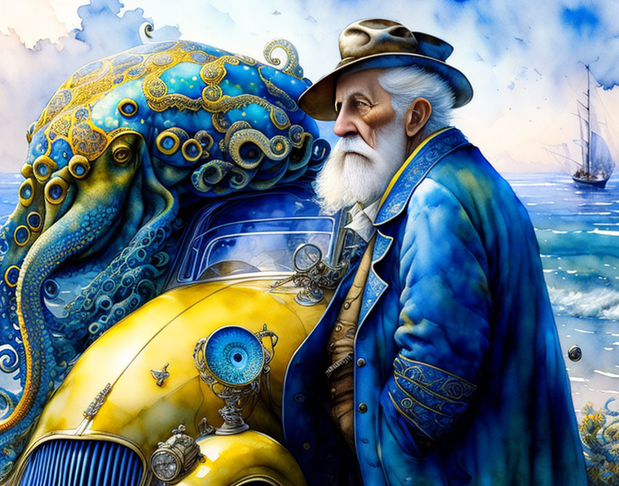 Old man driving blue-yellow Octopus