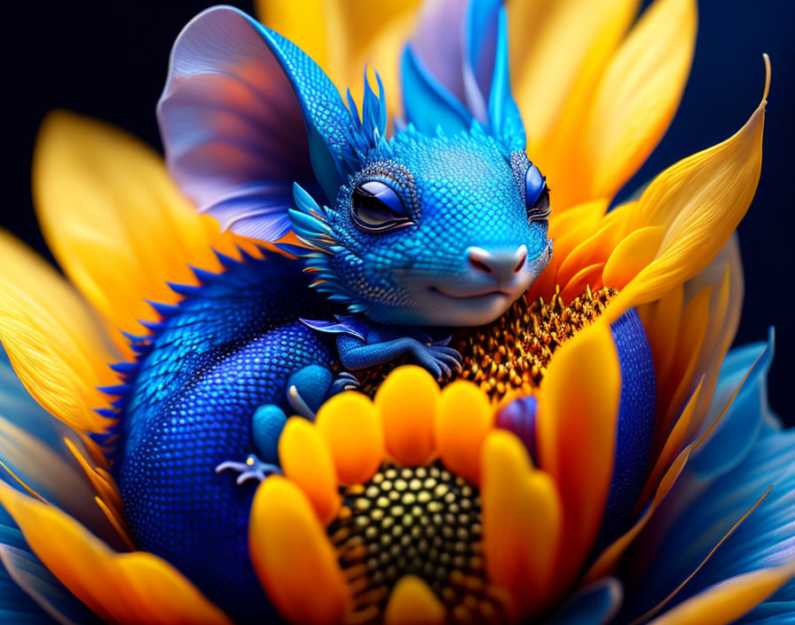 Cute blue dragon sleeping in a sunflower