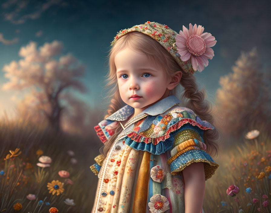 Young girl in vintage dress with flower crown in dreamy dusk landscape