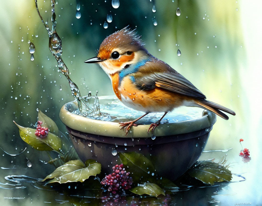 Cute baby robin taking a bath in the rain