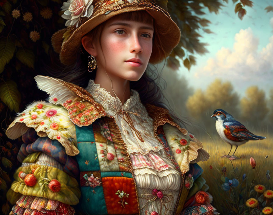 Elaborate Historical Dress Portrait with Bird and Soft-focus Background