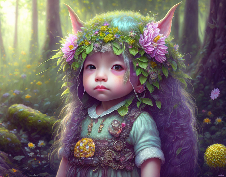 Child with Pointed Ears and Colorful Hair in Enchanted Forest Portrait