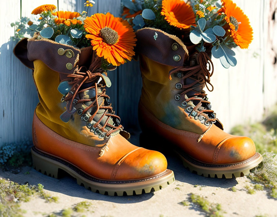 Brown Leather Boots with Orange and Blue Flower Design