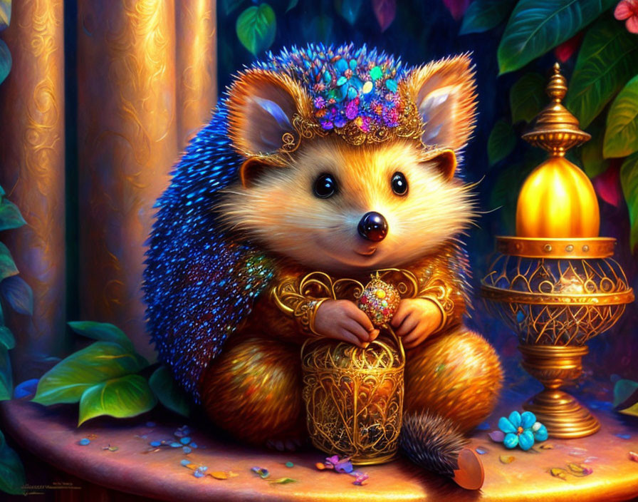 Colorful Jeweled Hedgehog Holding Heart Beside Ornate Lamp