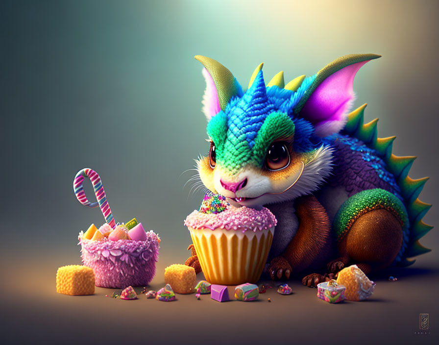 Colorful Dragon-Like Creature Eyeing Cupcake and Candies