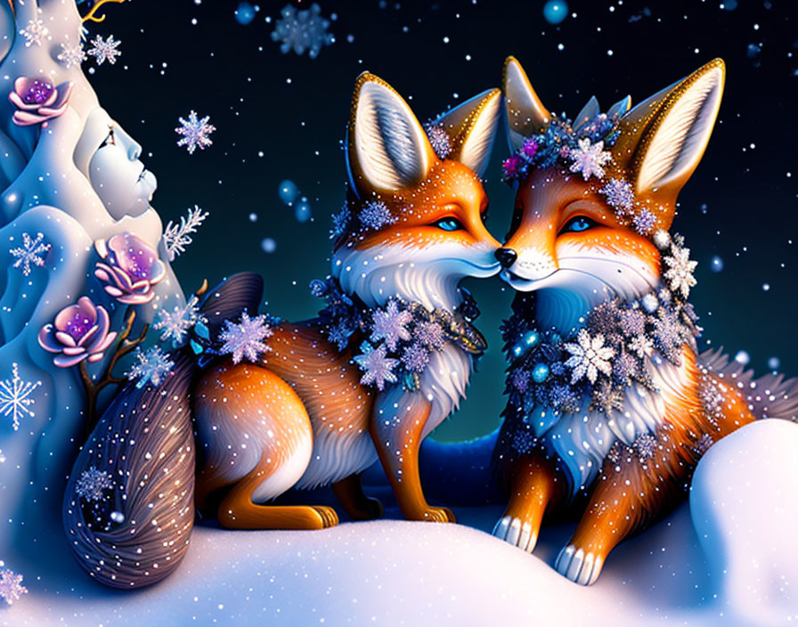Illustrated Foxes in Orange and Blue Fur with Snowflakes on Wintry Night