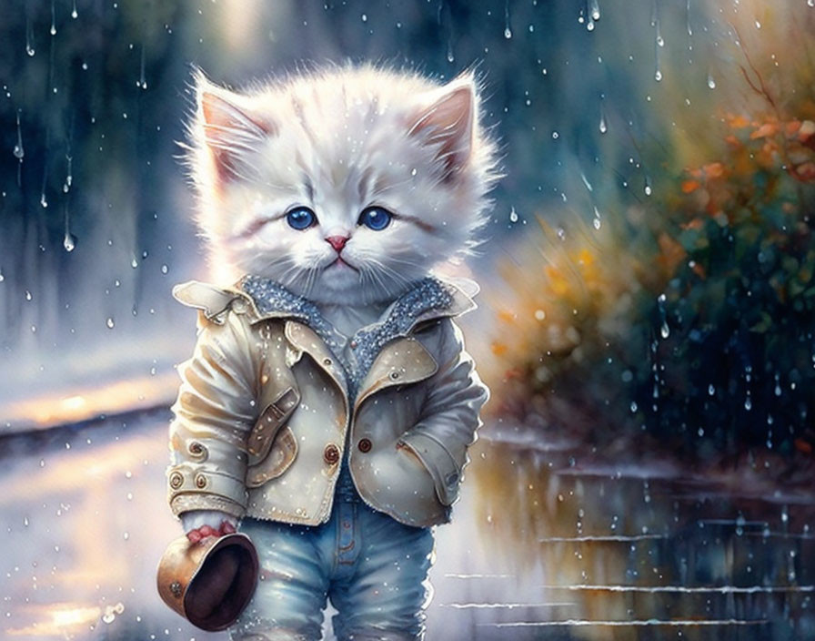 White kitten walking in the rain