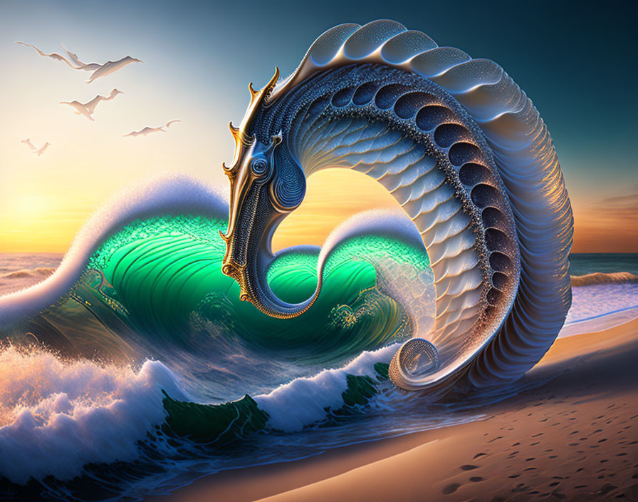 Digital Art: Majestic Seahorse in Ocean Wave at Sunset