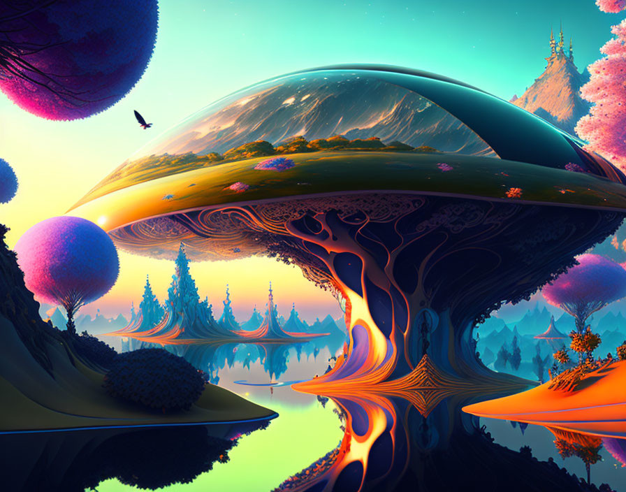 Colorful alien landscape with mushroom structures, floating spheres, and bird in pink and blue sky.