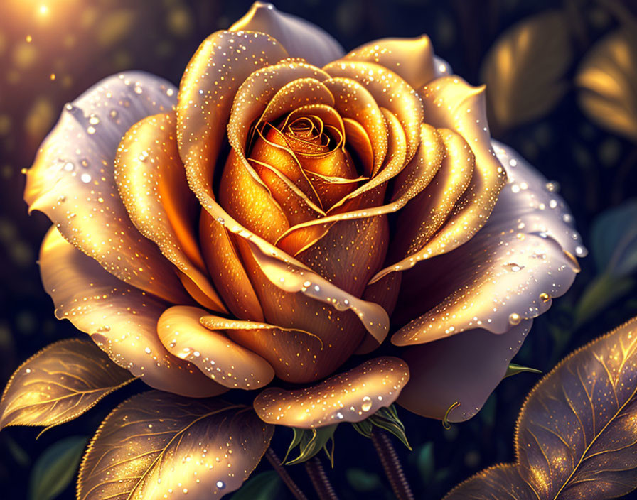 Golden Rose with Water Droplets and Dark Green Leaves in Soft Light