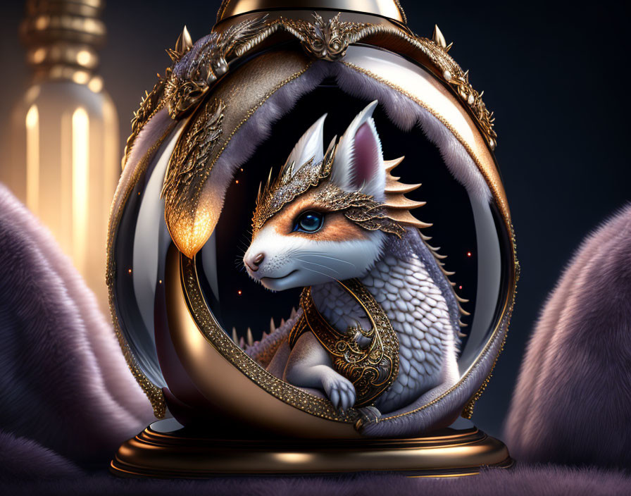 Armored white fox with blue eyes in golden loop structure on dark background