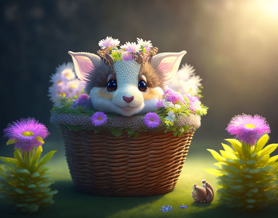  Fluffy, curious dragon in a basket