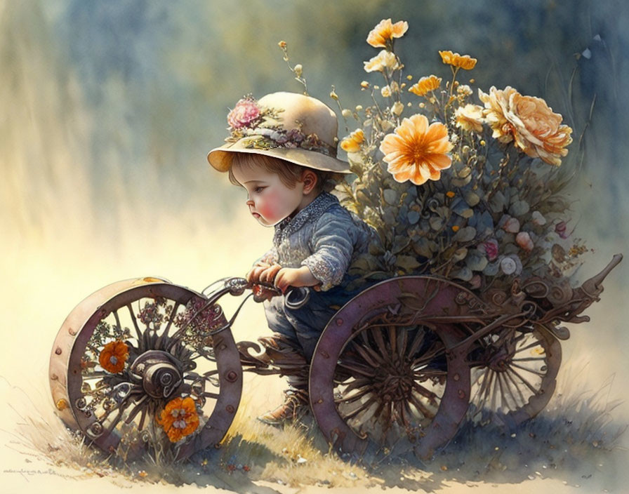 Child in vintage clothing on tricycle with colorful flowers in serene setting
