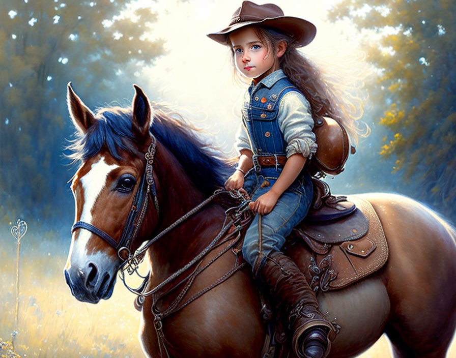 Young girl in hat rides brown horse in sunlit meadow